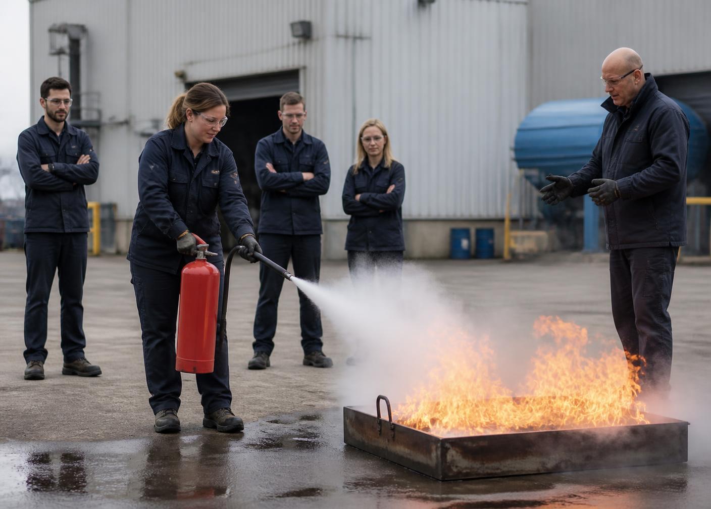 Praktische Löschübung mit Feuerlöscher auf einem Betriebsgelände