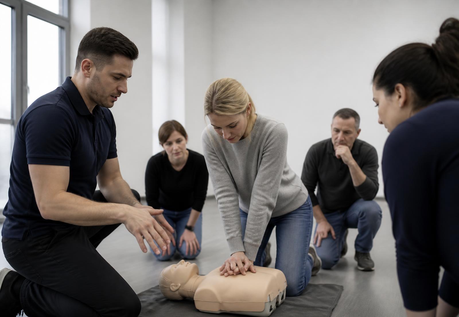 Betriebliche Erste-Hilfe-Schulung: Trainer erklärt Mitarbeitenden die Herzdruckmassage